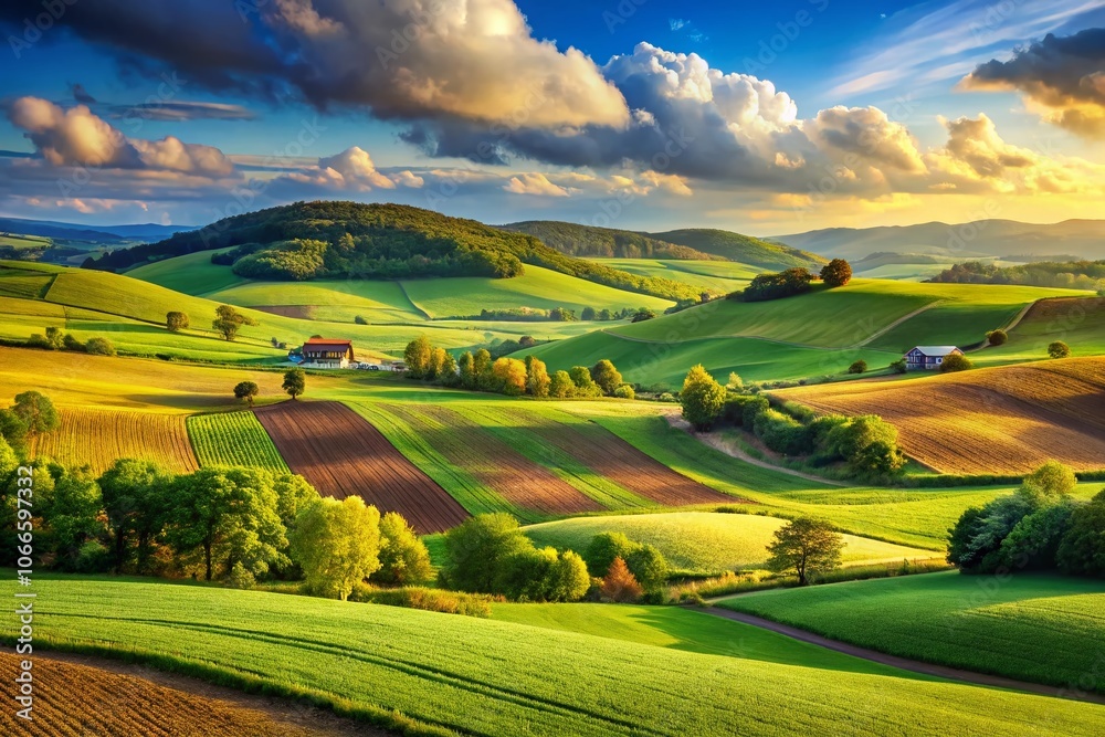 Fototapeta premium Captivating Portrait Photography of Agricultural Landscapes with Vibrant Fields, Lush Vegetation, and Rolling Hills for Nature Enthusiasts and Farming Aficionados