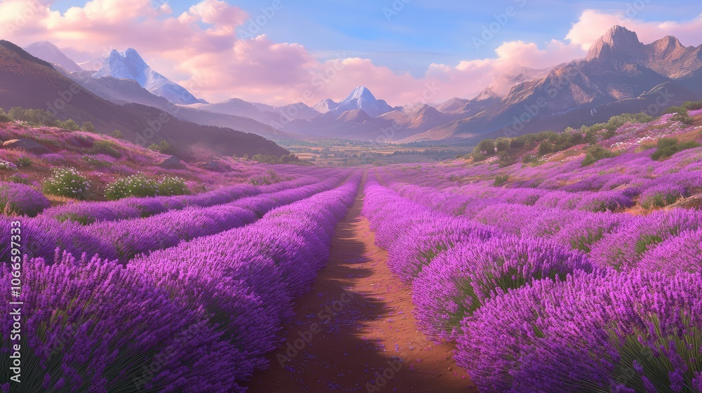 Vibrant Lavender Field Under Scenic Mountain Views Vibrant Lavender Field Under Scenic Mountain Views