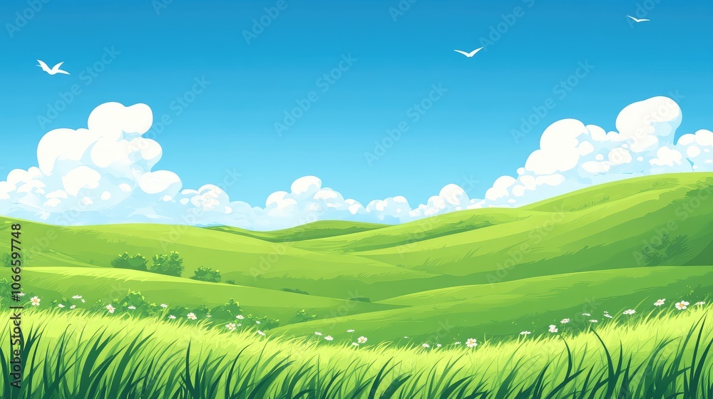 Lush Green Rolling Hills Under Blue Sky