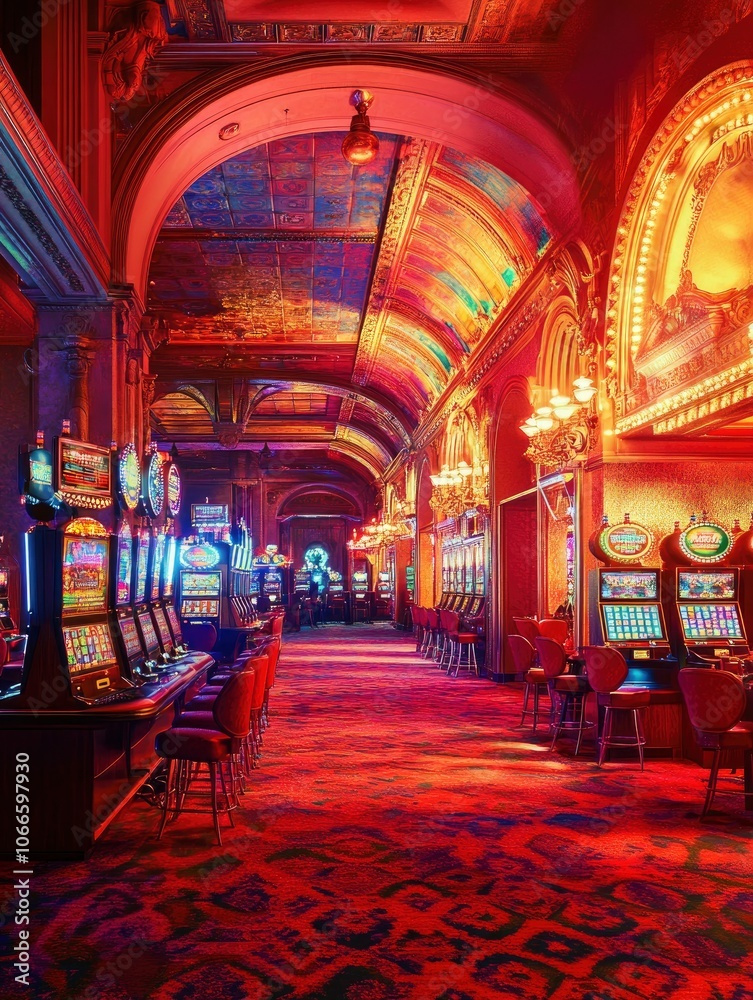 Obraz premium Professional advertising photo of an empty casino hall, vibrant colors and intense lighting