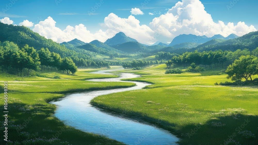 Serene Landscape with River and Rolling Hills Serene Landscape with River and Rolling Hills