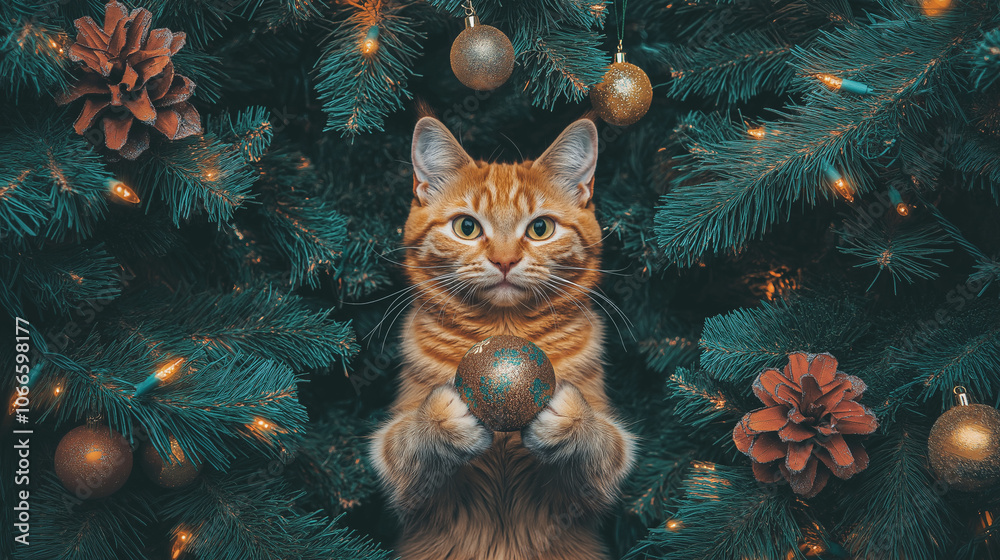 A ginger cat sits in front of a Christmas tree, holding a sparkly ball. A ginger cat sits in front of a Christmas tree, holding a sparkly ball.