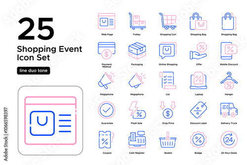 Shopping Event Line Duo Tone Icon Set: Retail Festivals, Deal Days, and Promotional Events Icons