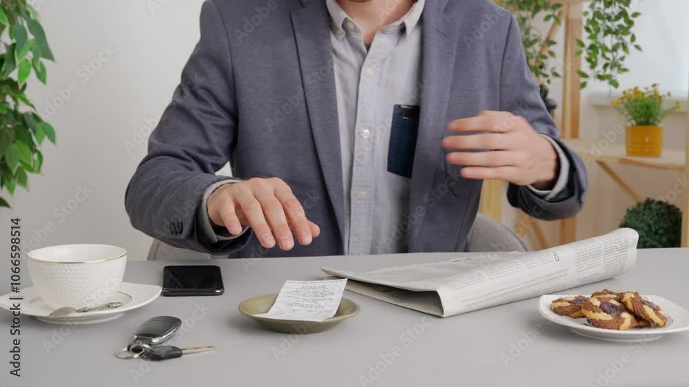Man sitting at table at cafe restaurant and reading newspaper, paying bill with cash euro banknotes. Commercial business payments. Man sitting at table at cafe restaurant and reading newspaper, paying bill with cash euro banknotes. Commercial business payments.