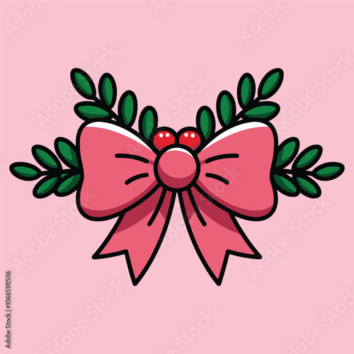Christmas Pink Bow with Leaves and Berries Illustration
