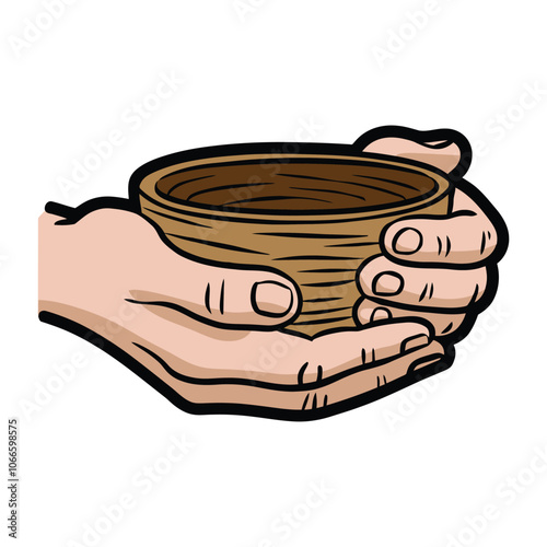 Hands Holding Wooden Bowl Illustration