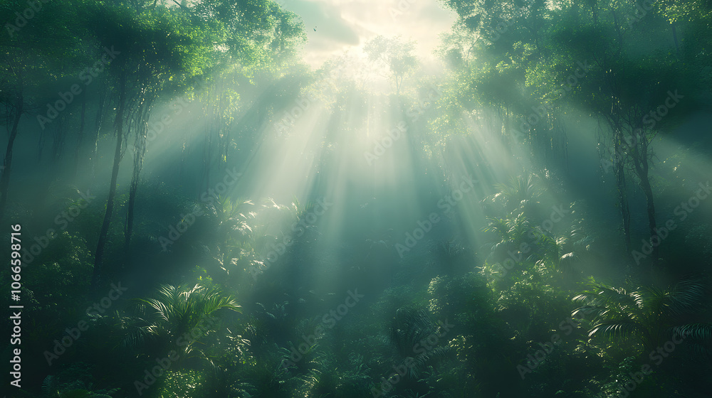 Obraz premium A breathtaking photography of a lush forest scene, showcasing diverse wildlife among towering trees, with sunlight filtering through the canopy, emphasizing the beauty and importance of nature.