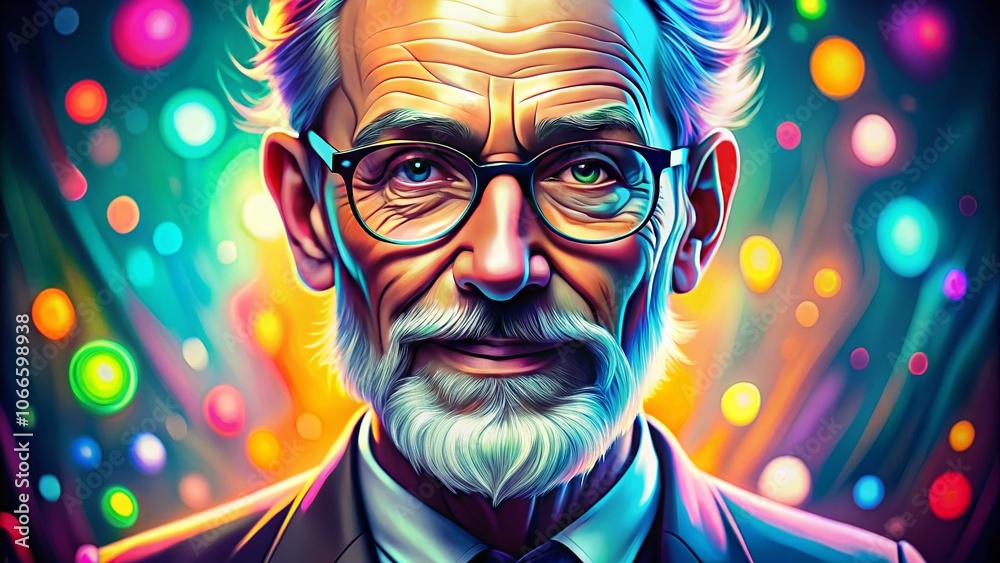 Cartoon Caricature Portrait of a Famous Psychologist with Bokeh Effect, Colorful Background, Creative Illustration, Surreal Art, Whimsical Style, Psychological Themes, Unique Character Design Cartoon Caricature Portrait of a Famous Psychologist with Bokeh Effect, Colorful Background, Creative Illustration, Surreal Art, Whimsical Style, Psychological Themes, Unique Character Design