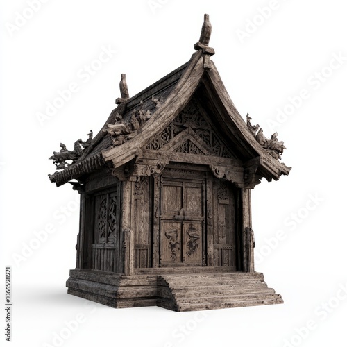 Low Poly 3D Render of a traditional wooden temple, on isolated white background