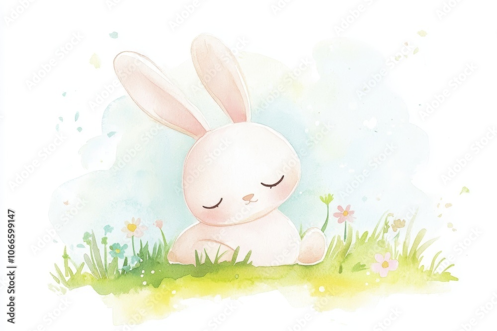 Obraz premium Peaceful Bunny in a Serene Pastel Meadow Dreamland Illustration. Watercolor Nursery Art.