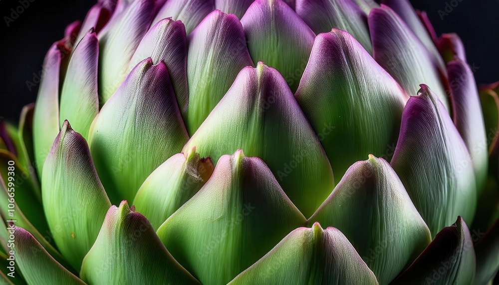 Fototapeta premium Intricate Close-Up Macro of Artichoke Bud with Vivid Green and Purple Ribbed Leaves, Highlighting Natural Patterns, Symmetry, and Texture for Botanical, Culinary, and Organic Themed Visuals