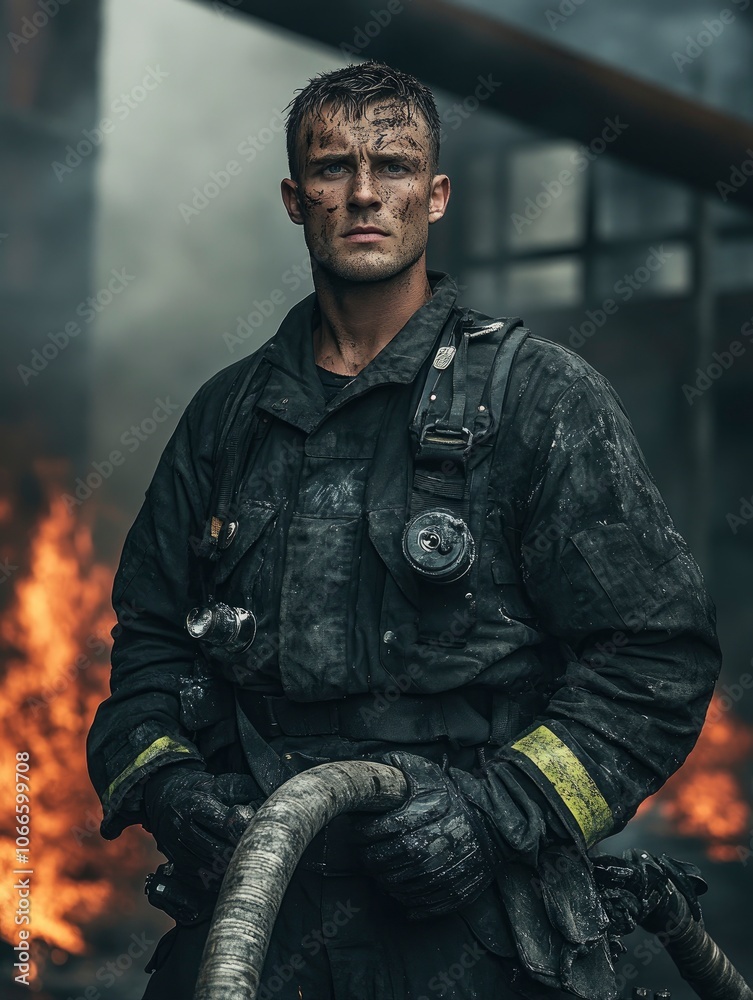 Fototapeta premium Model looking firefighter male portrait in full gear, standing in front of a smoldering building