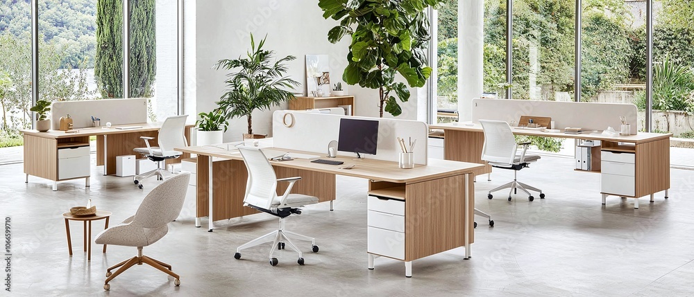 Modern Office Interior with White Desks and Chairs. Modern Office Interior with White Desks and Chairs.
