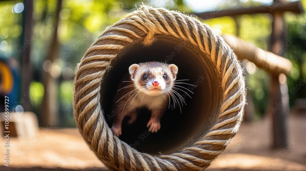 Obraz premium Curious Ferret Peeking Out of a Rope Tunnel