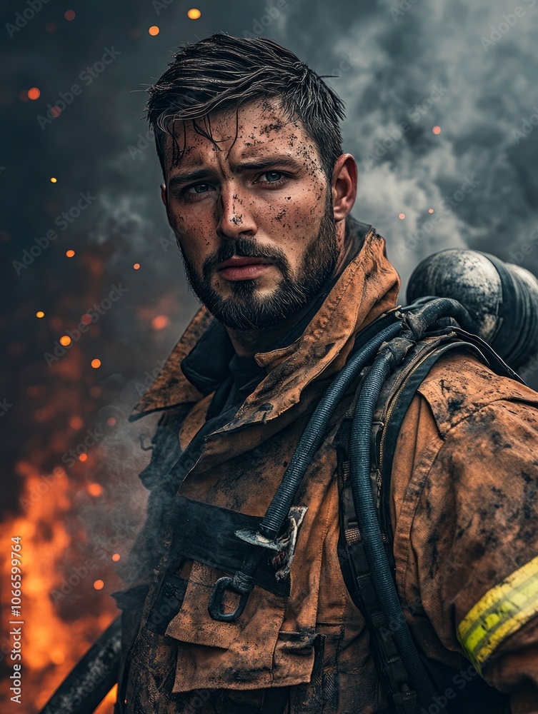 Obraz premium Model looking firefighter male portrait in full gear, standing in front of a smoldering building