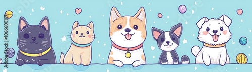 Adorable handdrawn pet icons featuring cute collars and playful toys perfect for animal lovers and illustrators photo