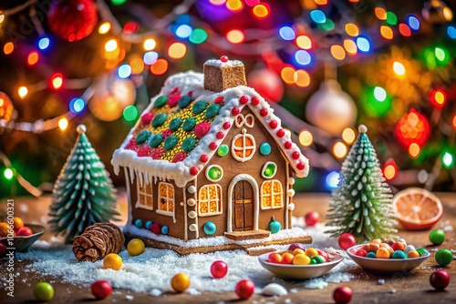 Charming Holiday Scene of a Girl Decorating a Gingerbread House with Colorful Candies and Frosting, Bokeh Effect Background, Festive Atmosphere, Winter Wonderland, Cozy Home Decor