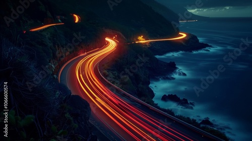 Despite the darkness the winding island roads can still be navigated thanks to the vibrant car light trails illuminating the way. photo