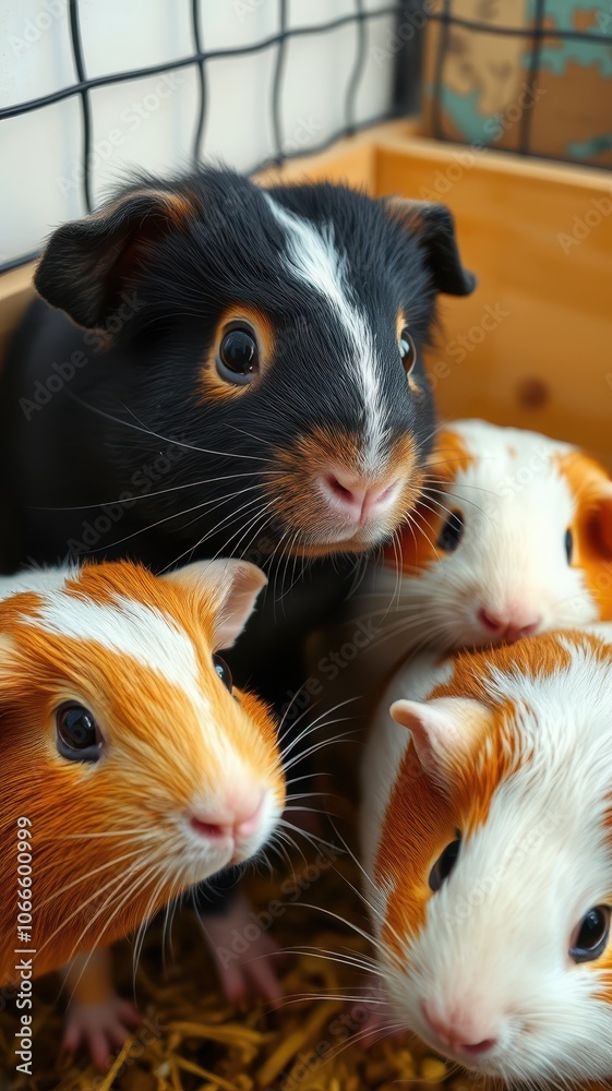 Four guinea pigs huddle together in their cage, their curious eyes fixed on the camera Four guinea pigs huddle together in their cage, their curious eyes fixed on the camera