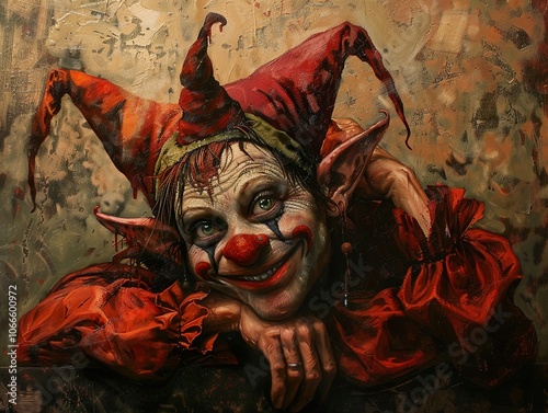 Creepy Jester Portrait: A Dark Fantasy Painting of a Smiling Clown
