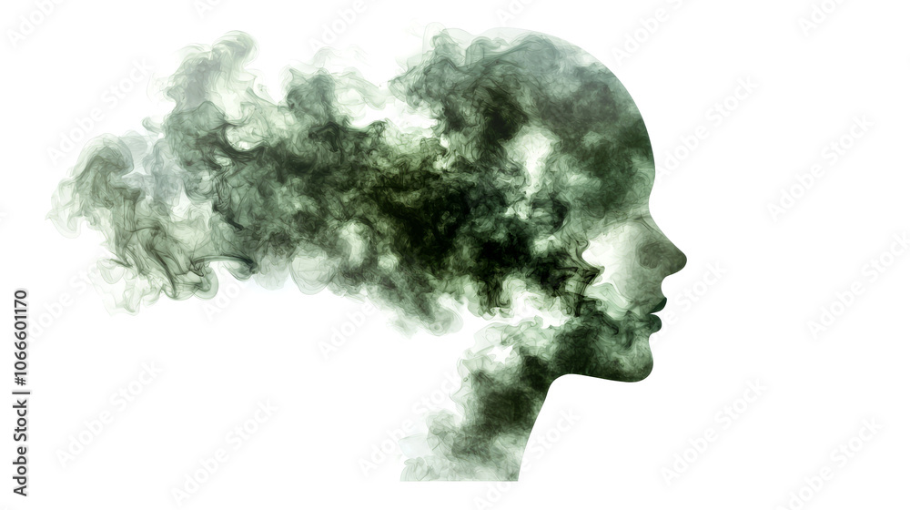 A silhouette of a woman's profile filled with swirling green smoke, symbolizing creativity and the connection between nature and thoughts. A silhouette of a woman's profile filled with swirling green smoke, symbolizing creativity and the connection between nature and thoughts.