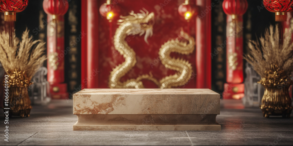 Fototapeta premium 3D empty podium for products with chinese new year style and dark background. Chinese new year background