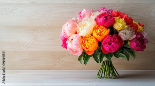 Vibrant peony bouquet arranged on a light wooden surface