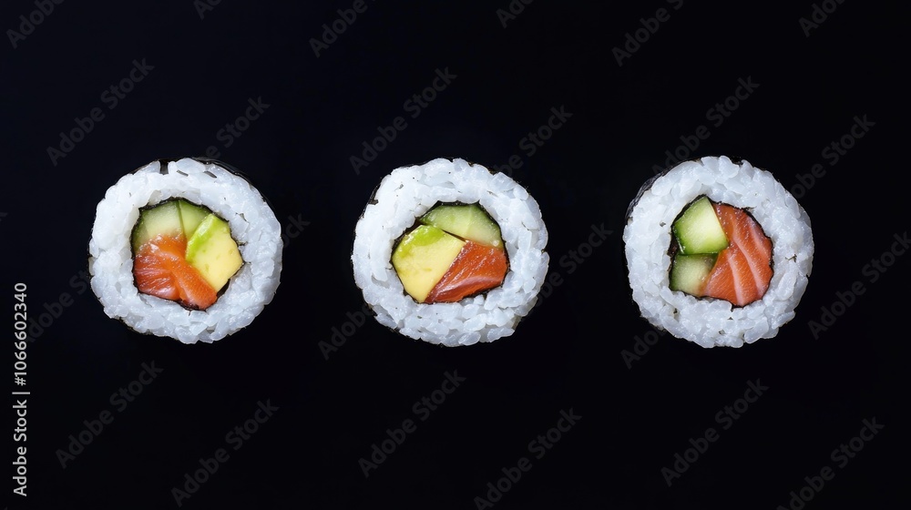 Three sushi rolls featuring avocado salmon and cucumber Three sushi rolls featuring avocado salmon and cucumber