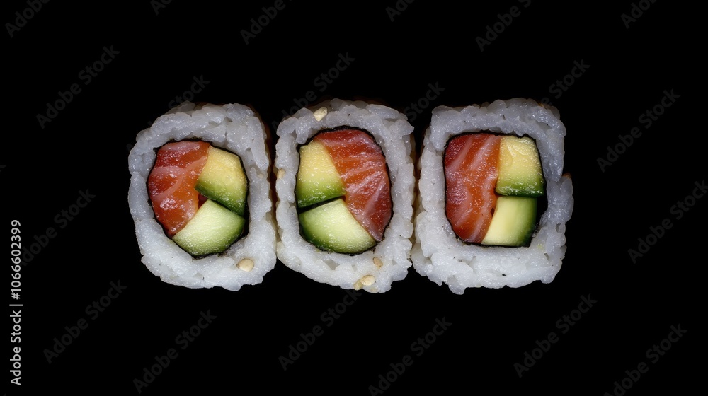 Three sushi rolls featuring avocado salmon and cucumber Three sushi rolls featuring avocado salmon and cucumber