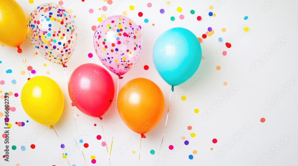 Vibrant and cheerful birthday balloons with confetti set against a bright white backdrop Vibrant and cheerful birthday balloons with confetti set against a bright white backdrop