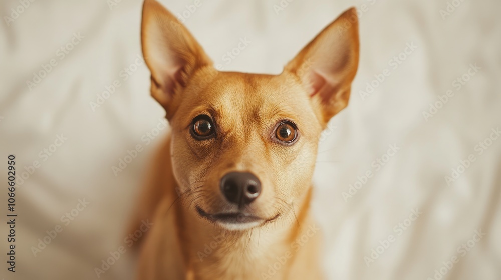 Tan dog with prominent pointed ears and expressive eyes posing on a soft white backdrop radiating curiosity and alertness Tan dog with prominent pointed ears and expressive eyes posing on a soft white backdrop radiating curiosity and alertness