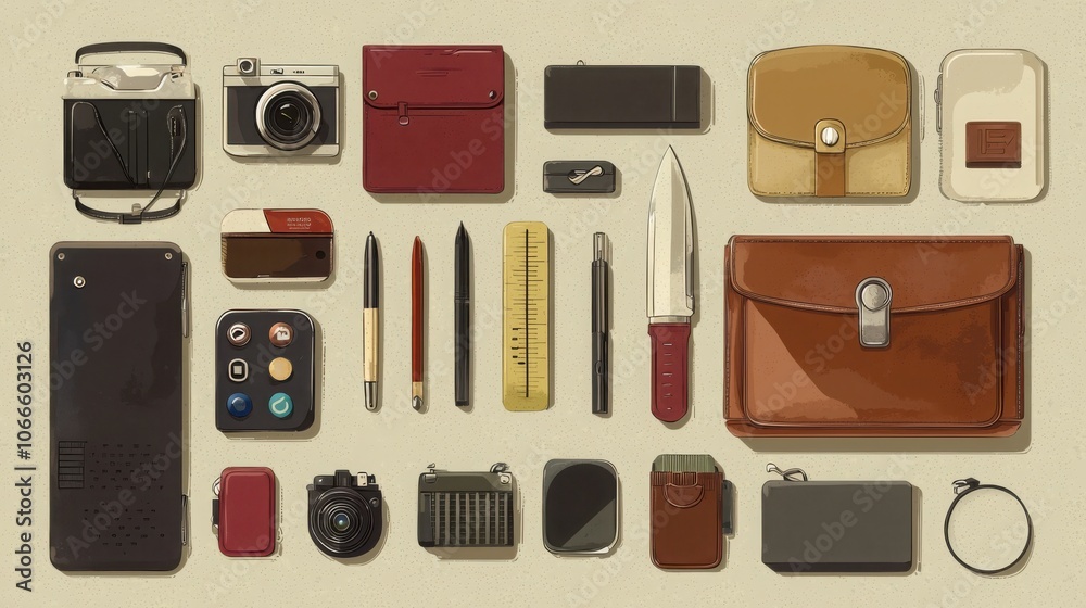Minimalist flat lay of everyday carry essentials a stylish showcase of functional design elements for modern life Minimalist flat lay of everyday carry essentials a stylish showcase of functional design elements for modern life