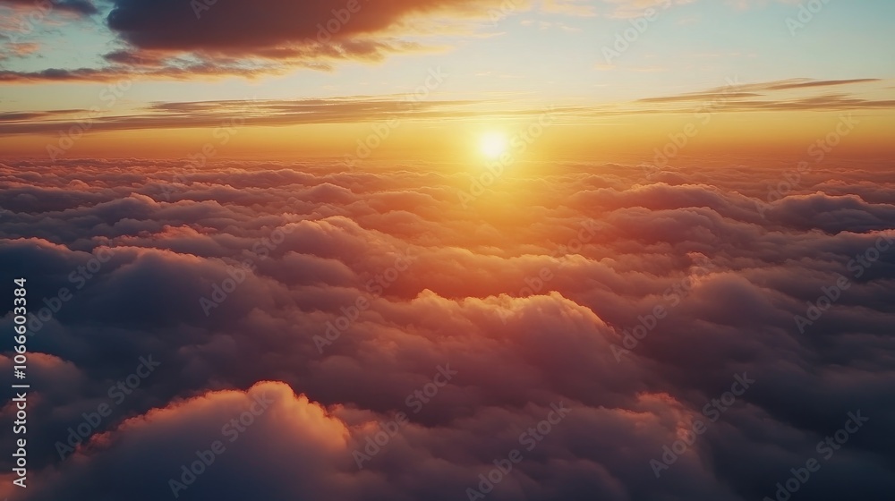 Fototapeta premium Stunning sunrise over the sea with clouds offering a breathtaking aerial perspective from an airplane window during morning travel