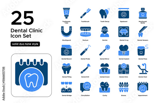 Dental Clinic Solid Duo Tone Icon Set: Family Dentistry, Professional Care, and Dental Visits Icons