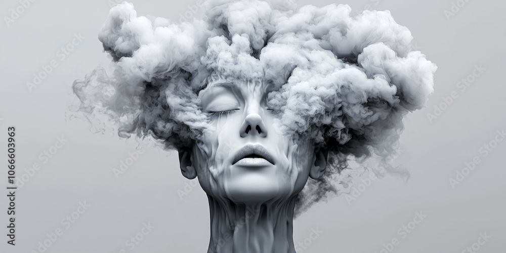 A surreal depiction of a human head merging with clouds, symbolizing thoughts and emotions intertwined with nature. A surreal depiction of a human head merging with clouds, symbolizing thoughts and emotions intertwined with nature.