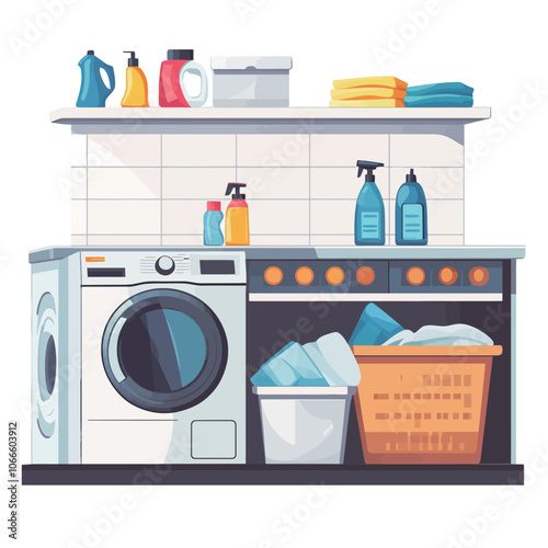 Laundry room with washing machine and cleaning products. Flat vector illustration. 