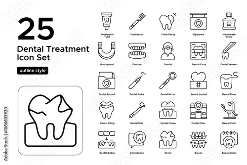 Dental Treatment Outline Icon Set: Dental Checkups, Treatment Plans, and Oral Health Icons
