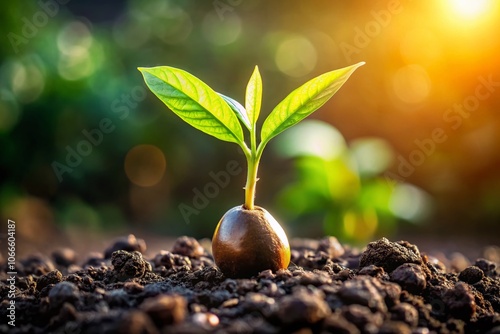 Closeup Drone Photography of a Sprouted Avocado Seed Emerging from the Ground, Highlighting Nature's Beauty and Growth Process in a Lush Environment