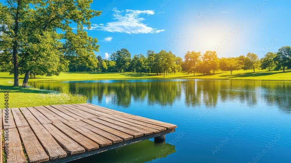 Obraz premium Serene Lake View with Dock and Lush Greenery