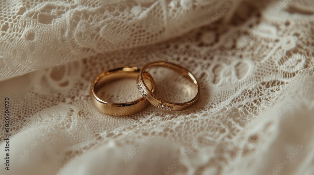 Two gold wedding rings lie on soft white lace evoking a sense of intimacy and symbolizing love and commitment Two gold wedding rings lie on soft white lace evoking a sense of intimacy and symbolizing love and commitment
