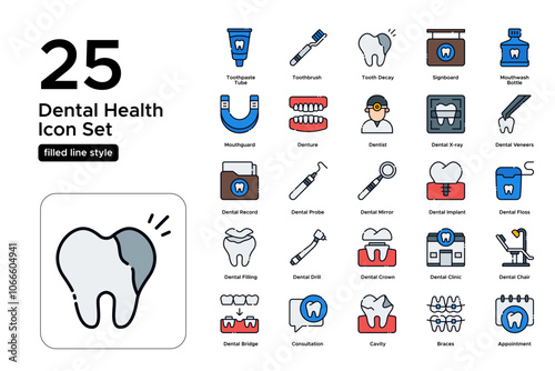 Dental Health Filled Line Icon Set: Tooth Care, Oral Hygiene, and Dental Services Icons