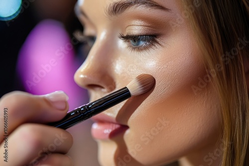 Close-up of a woman's face with a makeup brush applying foundation