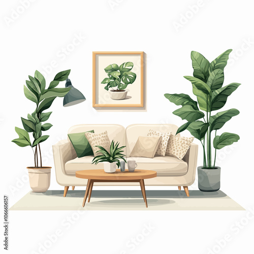 Living room interior with sofa, plant and lamp. Vector illustration. 