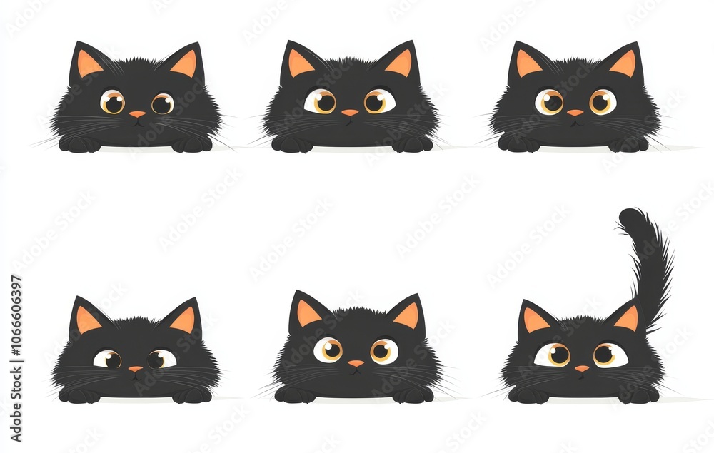 Obraz premium An illustration of a cat silhouetted against a dark background. A cute black cat face peeking out from behind something. Cat playing. Isolated cat head clipart.