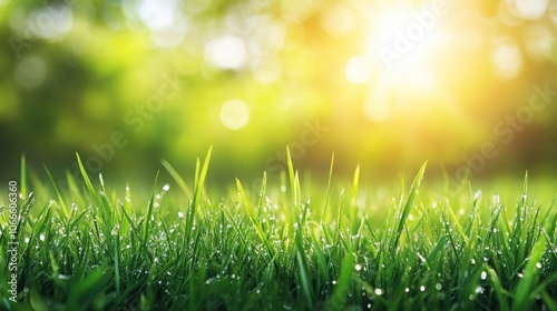 Vibrant green meadow grass adorned with morning dew in soft light showcasing the beauty and freshness of nature Artistic close up with ample copy space