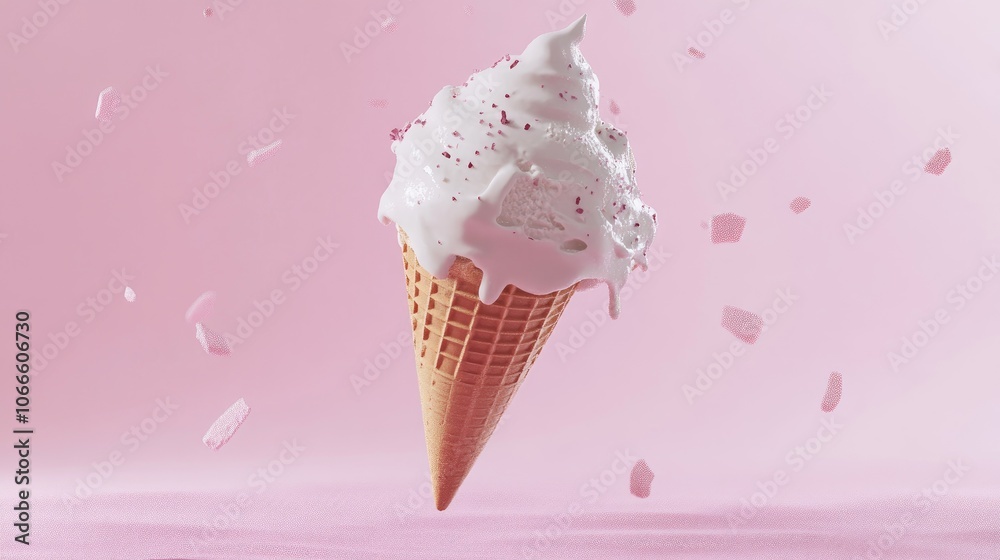 Studio image of a large waffle cone filled with melting ice cream suspended in mid air against a pink backdrop showcasing innovative food levitation techniques Studio image of a large waffle cone filled with melting ice cream suspended in mid air against a pink backdrop showcasing innovative food levitation techniques