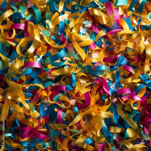 A festive background with colorful confetti and golden ribbons, perfect for celebrating birthdays, anniversaries, holidays, or any special event.