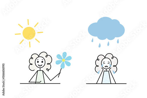 mental states illustration, happy and unhappy, crying girl depressed, with bipolar, seasonal affected, mental health weather concept, rain, sun, vector doddle illustration, mood swing