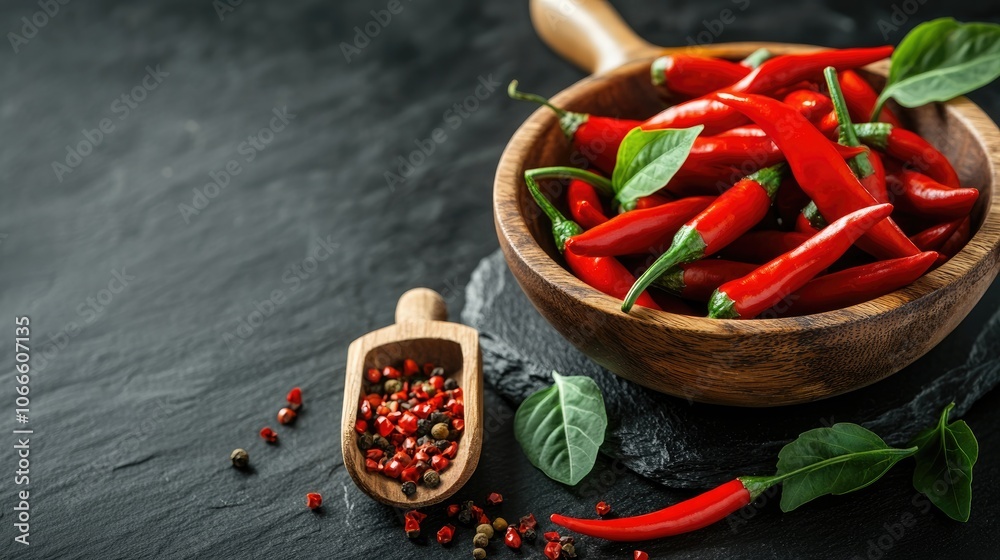 Vibrant red peppers arranged in a wooden bowl on a dark stone surface Chili seeds in a scoop alongside green leaves on a contrasting black backdrop Vibrant red peppers arranged in a wooden bowl on a dark stone surface Chili seeds in a scoop alongside green leaves on a contrasting black backdrop