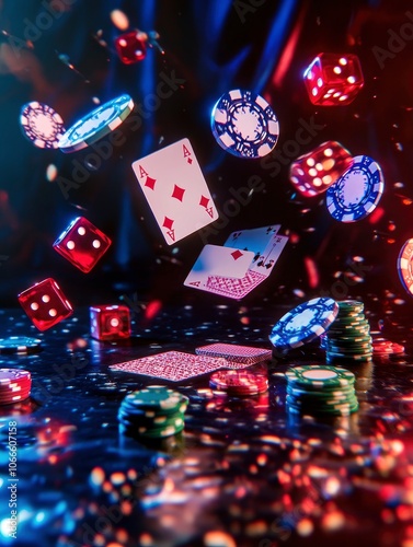 Dynamic 3D casino photo with poker chips, playing cards, and dice flying in mid-air against a dark